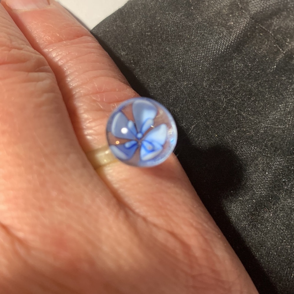 Clear Glass Blue Flower Ring Size 5